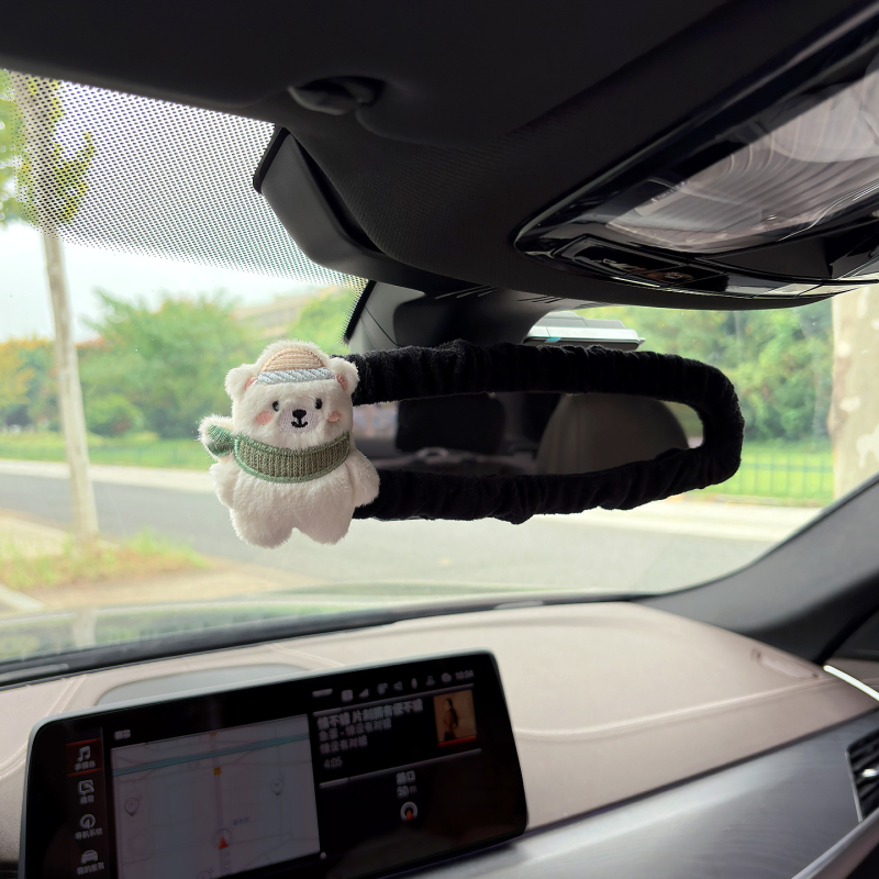 Husa pentru oglinda retrovizoare auto, material pluș, design drăguț cu iepuraș și ursuleț, suport pentru carduri, universal
