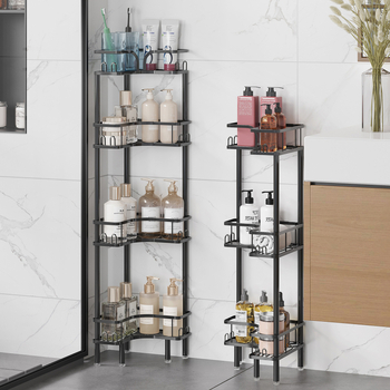 Raft de depozitare pentru baie, în colț, din fier, finisaj cu vopsea coptă, formă pătrată, 1 etaj, Wolifang, stil modern minimalist