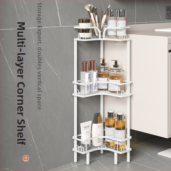 Raft de depozitare pentru baie, în colț, din fier, finisaj cu vopsea coptă, formă pătrată, 1 etaj, Wolifang, stil modern minimalist