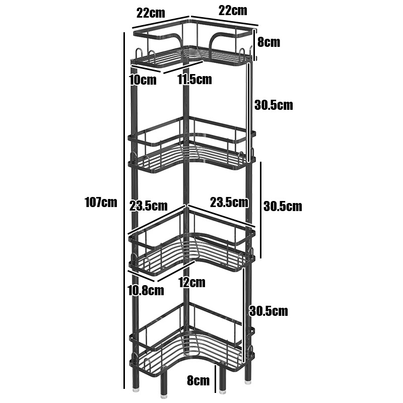 Raft de depozitare pentru baie, în colț, din fier, finisaj cu vopsea coptă, formă pătrată, 1 etaj, Wolifang, stil modern minimalist