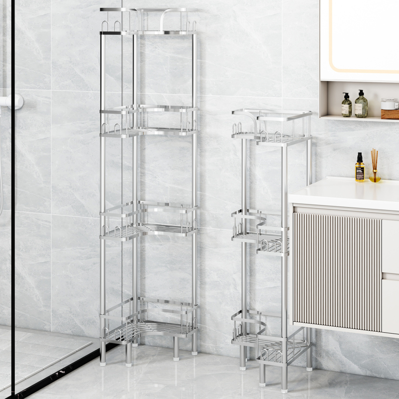 Wo cube Raft din oțel inoxidabil pentru colțul băii, raft triunghiular în picioare cu 2 etaje, design modern minimalist, capacitate de încărcare ridicată