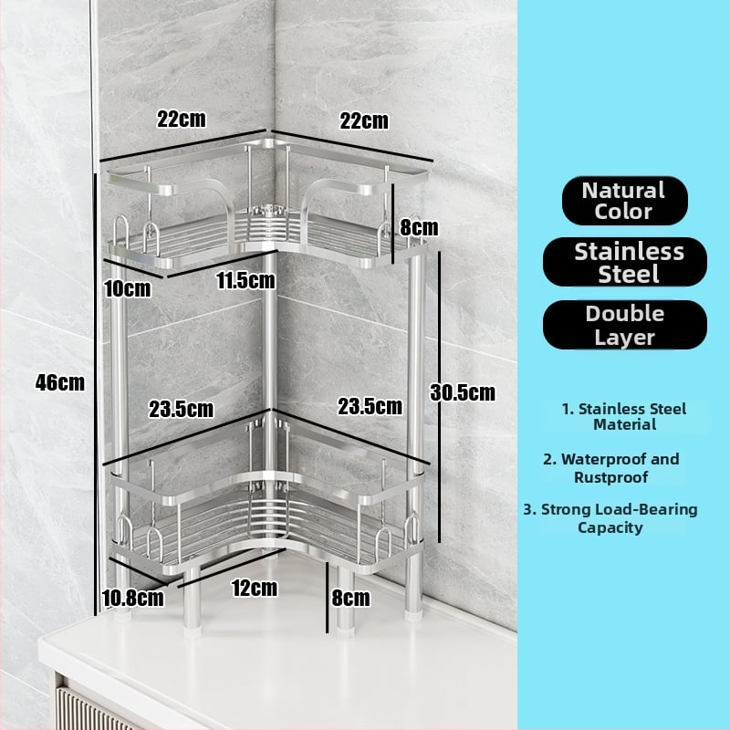 Wo cube Raft din oțel inoxidabil pentru colțul băii, raft triunghiular în picioare cu 2 etaje, design modern minimalist, capacitate de încărcare ridicată