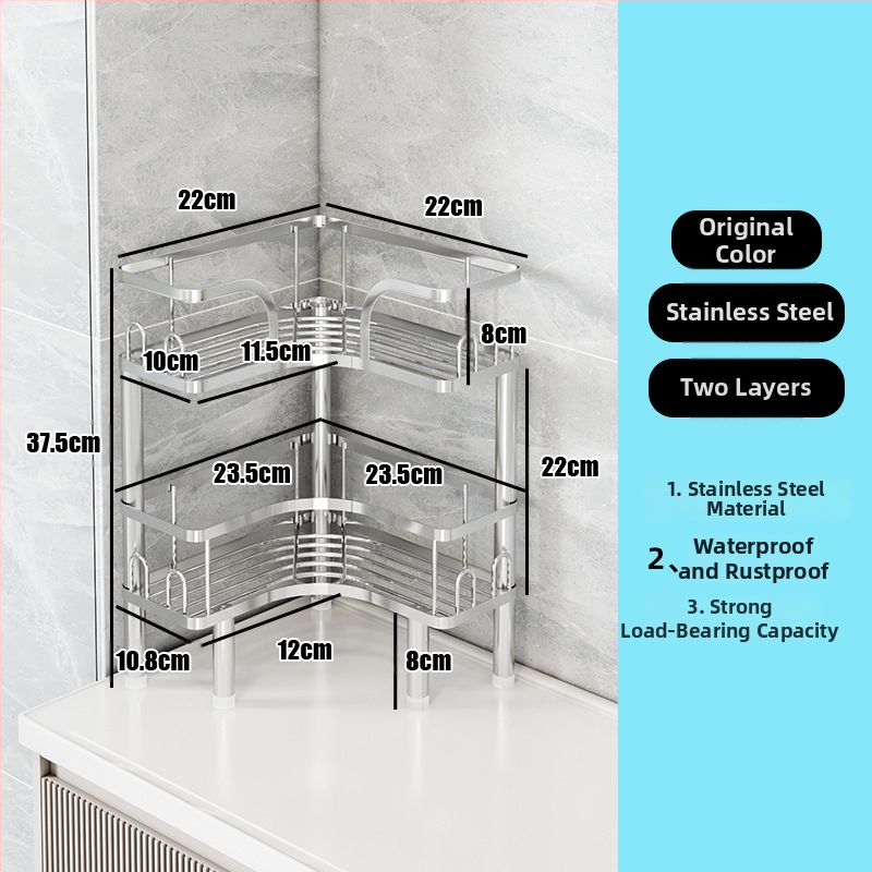 Wo cube Raft din oțel inoxidabil pentru colțul băii, raft triunghiular în picioare cu 2 etaje, design modern minimalist, capacitate de încărcare ridicată