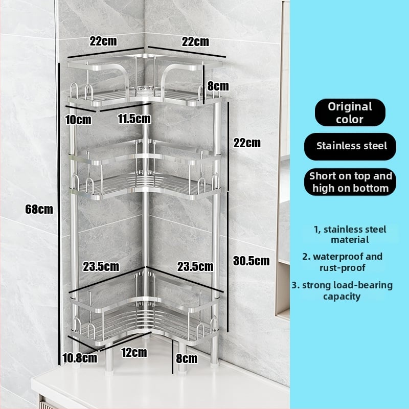 Wo cube Raft din oțel inoxidabil pentru colțul băii, raft triunghiular în picioare cu 2 etaje, design modern minimalist, capacitate de încărcare ridicată