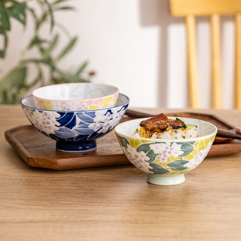 Vas de orez din porțelan Mino Yaki, model cu flori, stil japonez, rotund, compatibil cu microunde