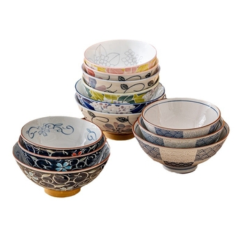 Vas de orez din porțelan Mino Yaki, model cu flori, stil japonez, rotund, compatibil cu microunde