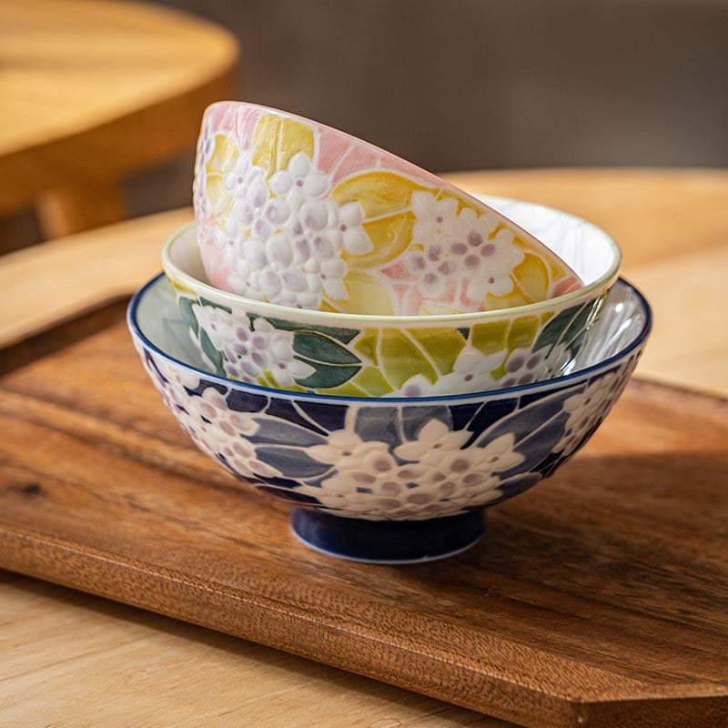 Vas de orez din porțelan Mino Yaki, model cu flori, stil japonez, rotund, compatibil cu microunde