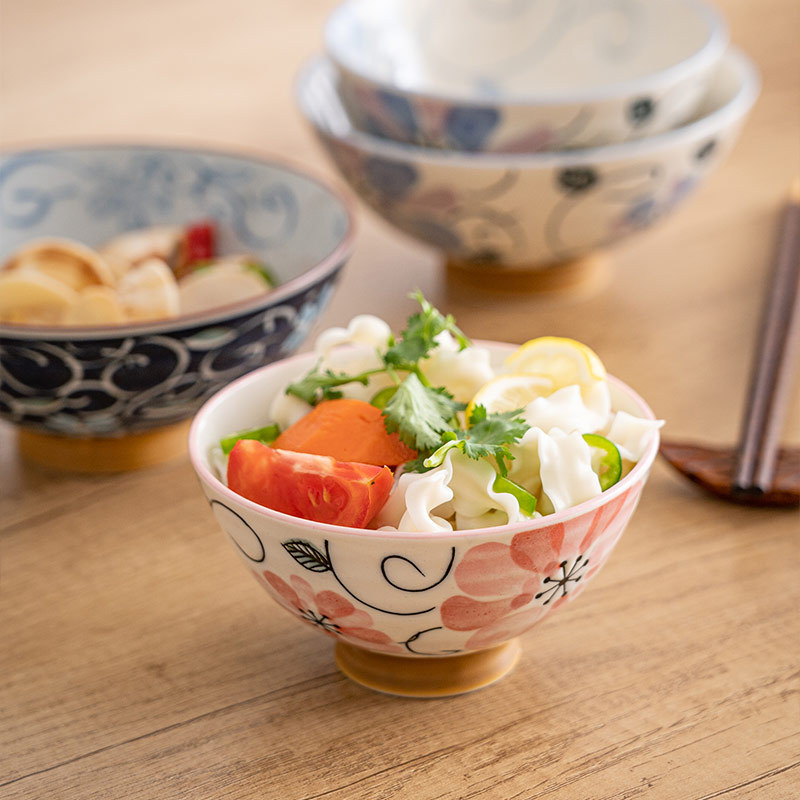 Vas de orez din porțelan Mino Yaki, model cu flori, stil japonez, rotund, compatibil cu microunde