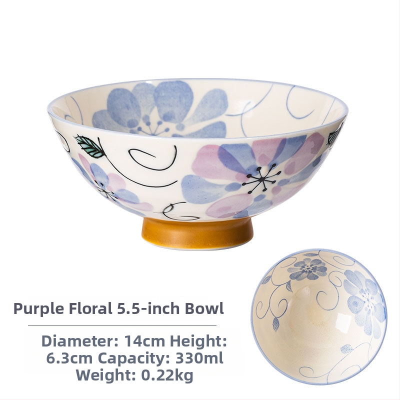 Vas de orez din porțelan Mino Yaki, model cu flori, stil japonez, rotund, compatibil cu microunde