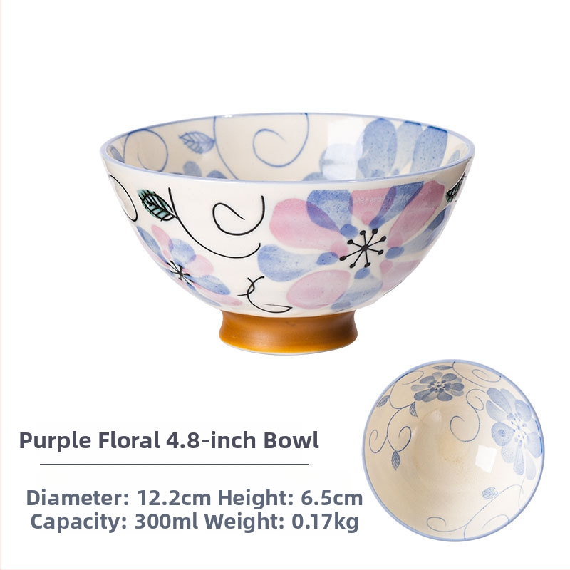 Vas de orez din porțelan Mino Yaki, model cu flori, stil japonez, rotund, compatibil cu microunde