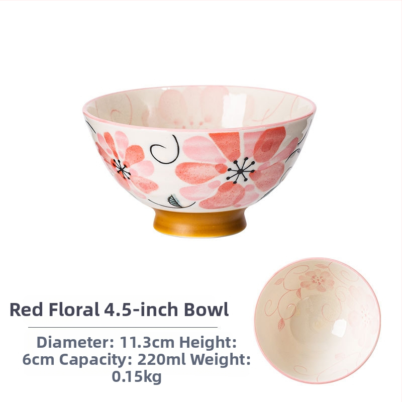 Vas de orez din porțelan Mino Yaki, model cu flori, stil japonez, rotund, compatibil cu microunde