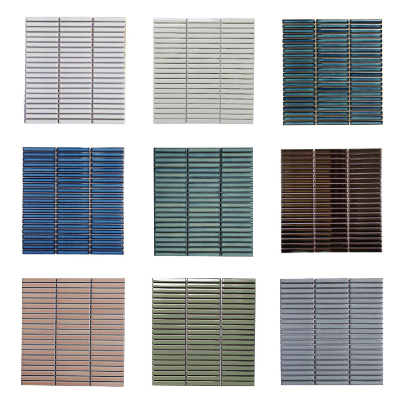 Nordiskā plāna joslu mozaikas flīzes vannas istabas un virtuves sienām; ūdensnecaurlaidīga; ūdens uzsūkšanās 0,3%; gaiša virsma; spēcīga termiskā šoka izturība; spēcīga korozijas izturība