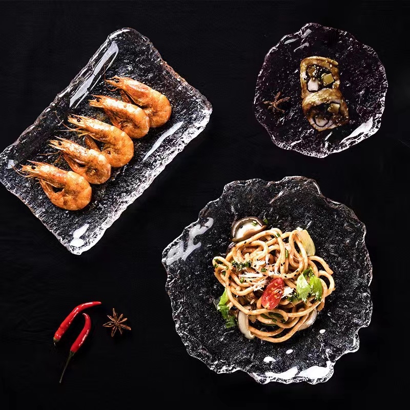 Стъклена правоъгълна чиния за сервиране, японски стил, ръчно рисувана повърхност, възможност за печат на лого и персонализирана обработка