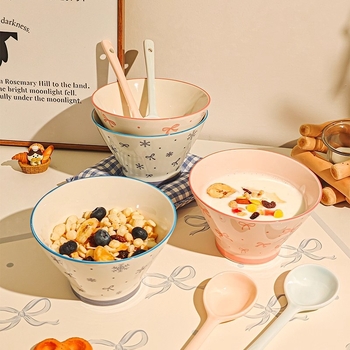 Bol ceramic pentru orez cu model desen animat, stil drăguț, formă rotundă, sub glazură, potrivit pentru microunde