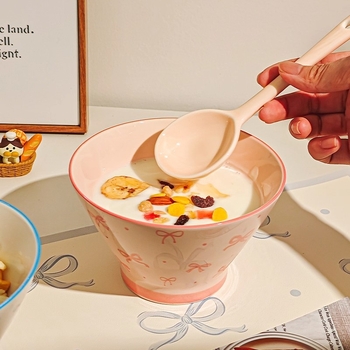 Bol ceramic pentru orez cu model desen animat, stil drăguț, formă rotundă, sub glazură, potrivit pentru microunde