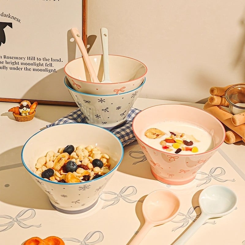 Bol ceramic pentru orez cu model desen animat, stil drăguț, formă rotundă, sub glazură, potrivit pentru microunde