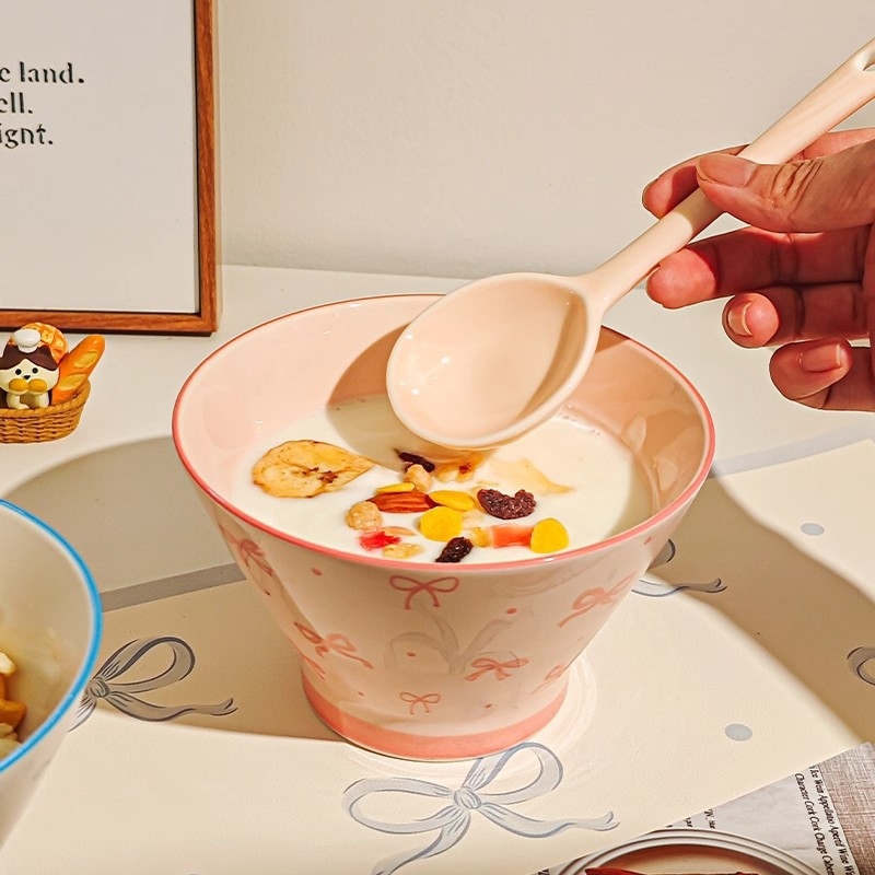 Bol ceramic pentru orez cu model desen animat, stil drăguț, formă rotundă, sub glazură, potrivit pentru microunde