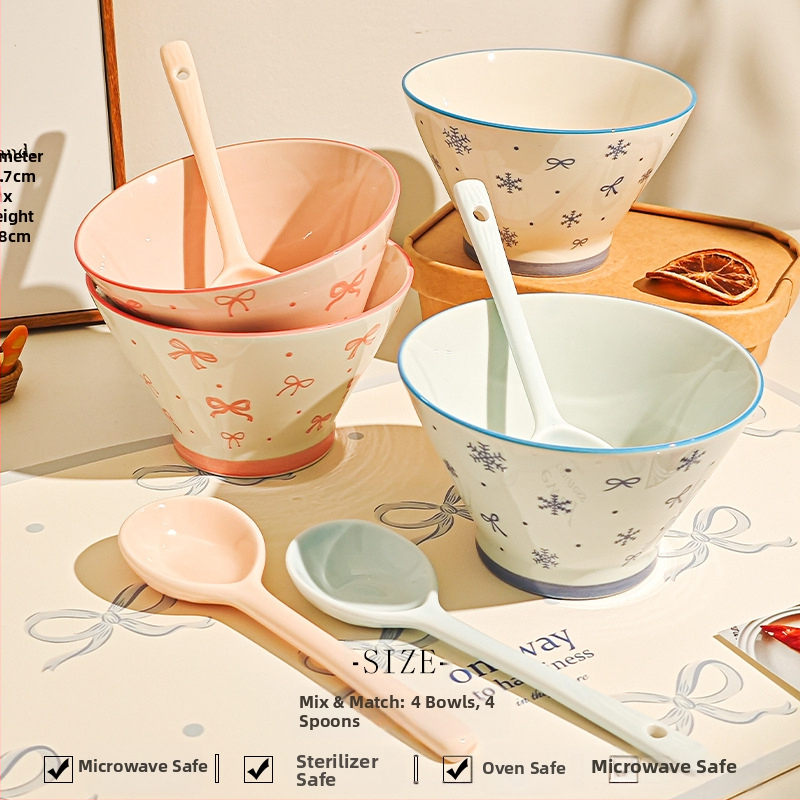 Bol ceramic pentru orez cu model desen animat, stil drăguț, formă rotundă, sub glazură, potrivit pentru microunde