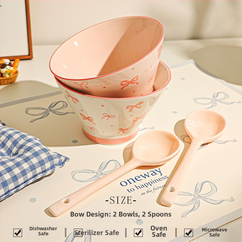 Bol ceramic pentru orez cu model desen animat, stil drăguț, formă rotundă, sub glazură, potrivit pentru microunde