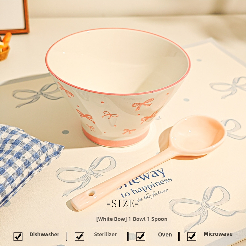 Bol ceramic pentru orez cu model desen animat, stil drăguț, formă rotundă, sub glazură, potrivit pentru microunde