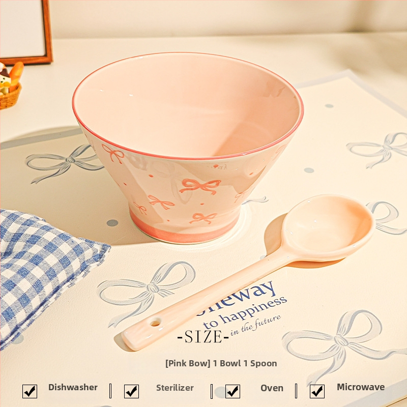 Bol ceramic pentru orez cu model desen animat, stil drăguț, formă rotundă, sub glazură, potrivit pentru microunde