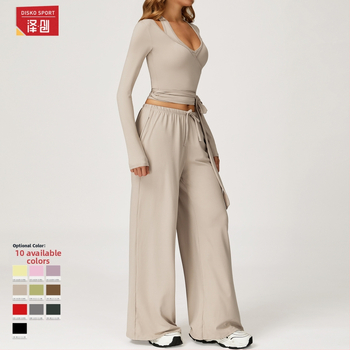 Йога комплект за жени без ръкави с широки панталони, пуловер стил; 90% полиестер, 10% спандекс; южнокорейска коприна с текстура на четкане