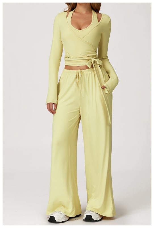 Йога комплект за жени без ръкави с широки панталони, пуловер стил; 90% полиестер, 10% спандекс; южнокорейска коприна с текстура на четкане