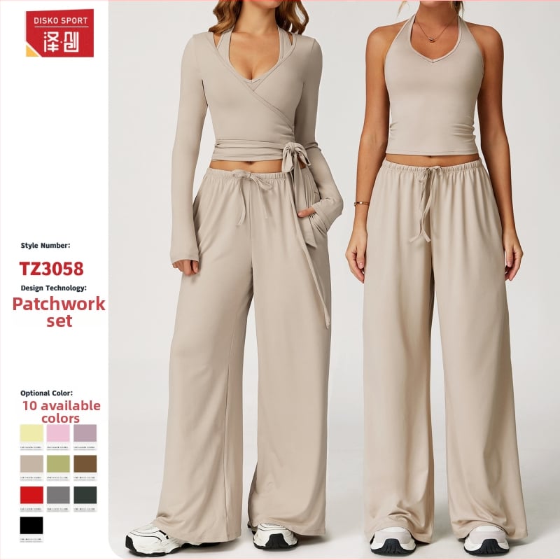 Йога комплект за жени без ръкави с широки панталони, пуловер стил; 90% полиестер, 10% спандекс; южнокорейска коприна с текстура на четкане