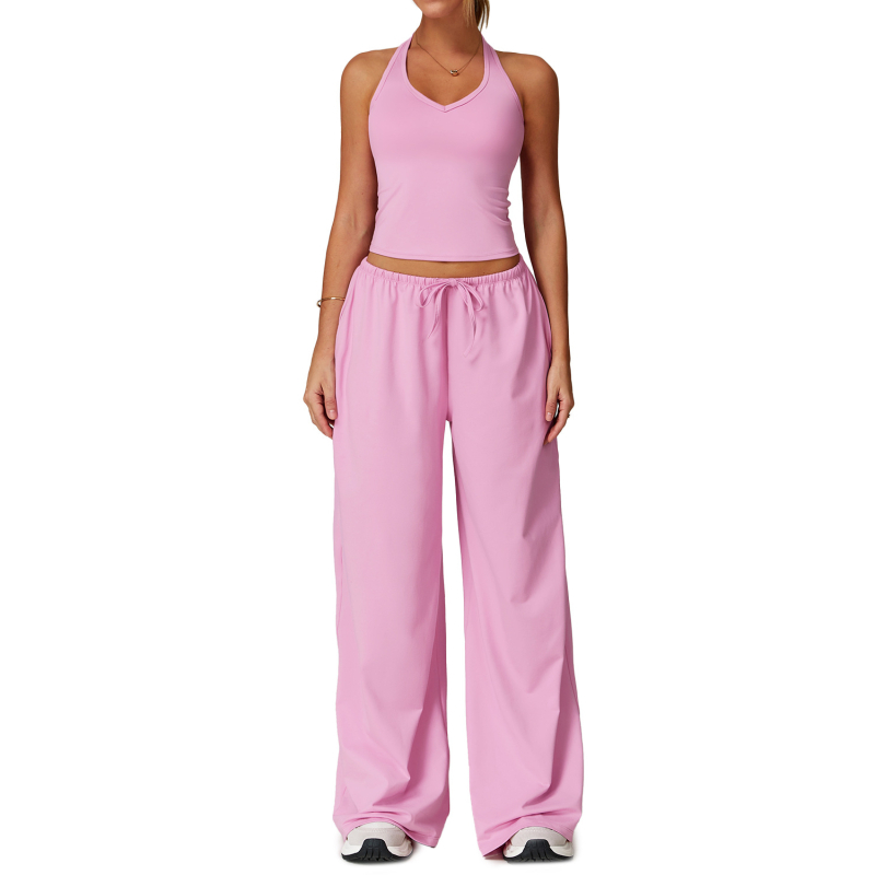 Йога комплект за жени без ръкави с широки панталони, пуловер стил; 90% полиестер, 10% спандекс; южнокорейска коприна с текстура на четкане