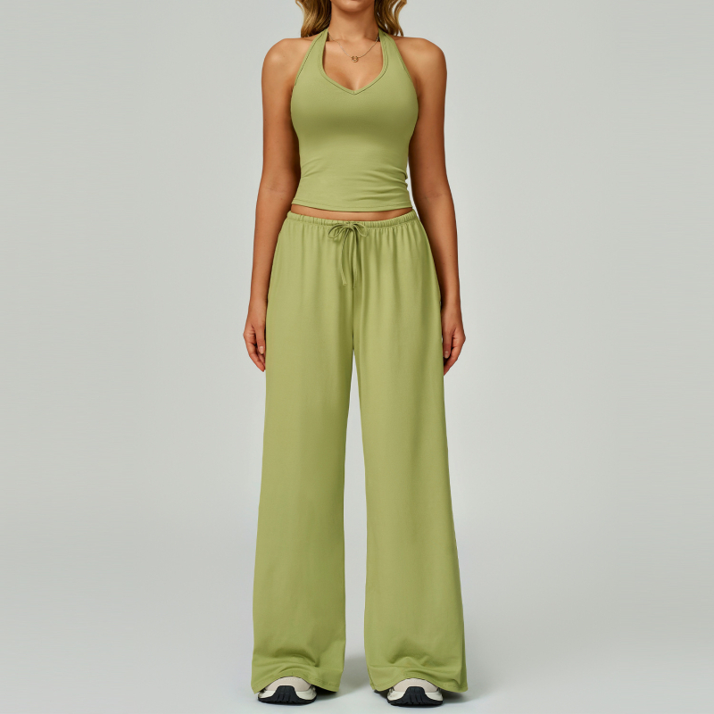 Йога комплект за жени без ръкави с широки панталони, пуловер стил; 90% полиестер, 10% спандекс; южнокорейска коприна с текстура на четкане