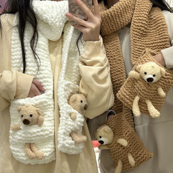 Kit DIY pentru fularul ursuleț cu buzunar – fular tricotat manual, fir poliester gros, Semi-Worsted, Haohan, origine Hebei