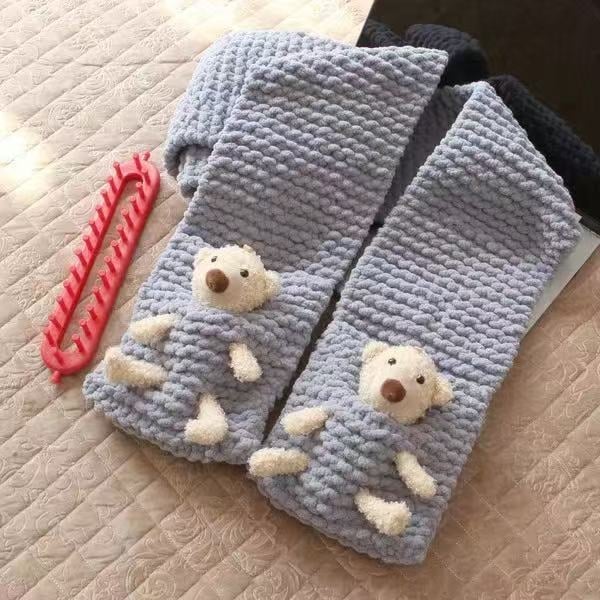 Kit DIY pentru fularul ursuleț cu buzunar – fular tricotat manual, fir poliester gros, Semi-Worsted, Haohan, origine Hebei
