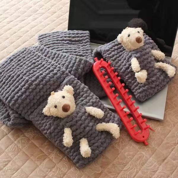 Kit DIY pentru fularul ursuleț cu buzunar – fular tricotat manual, fir poliester gros, Semi-Worsted, Haohan, origine Hebei