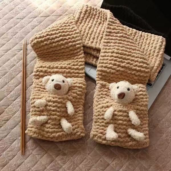 Kit DIY pentru fularul ursuleț cu buzunar – fular tricotat manual, fir poliester gros, Semi-Worsted, Haohan, origine Hebei