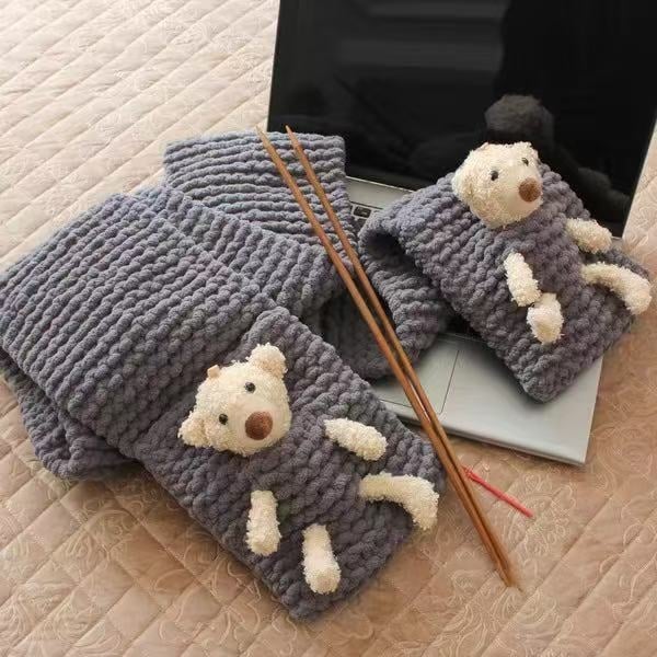 Kit DIY pentru fularul ursuleț cu buzunar – fular tricotat manual, fir poliester gros, Semi-Worsted, Haohan, origine Hebei