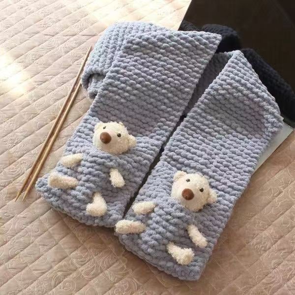 Kit DIY pentru fularul ursuleț cu buzunar – fular tricotat manual, fir poliester gros, Semi-Worsted, Haohan, origine Hebei