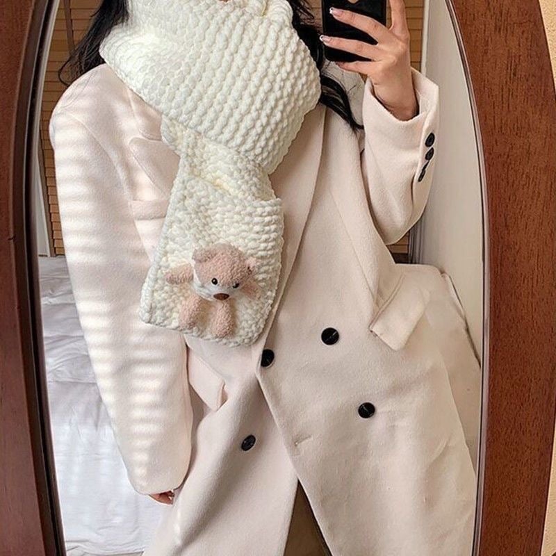 Kit DIY pentru fularul ursuleț cu buzunar – fular tricotat manual, fir poliester gros, Semi-Worsted, Haohan, origine Hebei