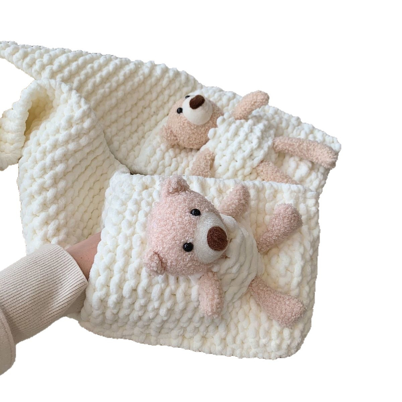 Kit DIY pentru fularul ursuleț cu buzunar – fular tricotat manual, fir poliester gros, Semi-Worsted, Haohan, origine Hebei