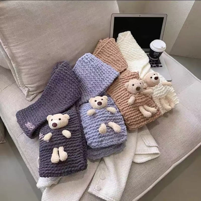 Kit DIY pentru fularul ursuleț cu buzunar – fular tricotat manual, fir poliester gros, Semi-Worsted, Haohan, origine Hebei