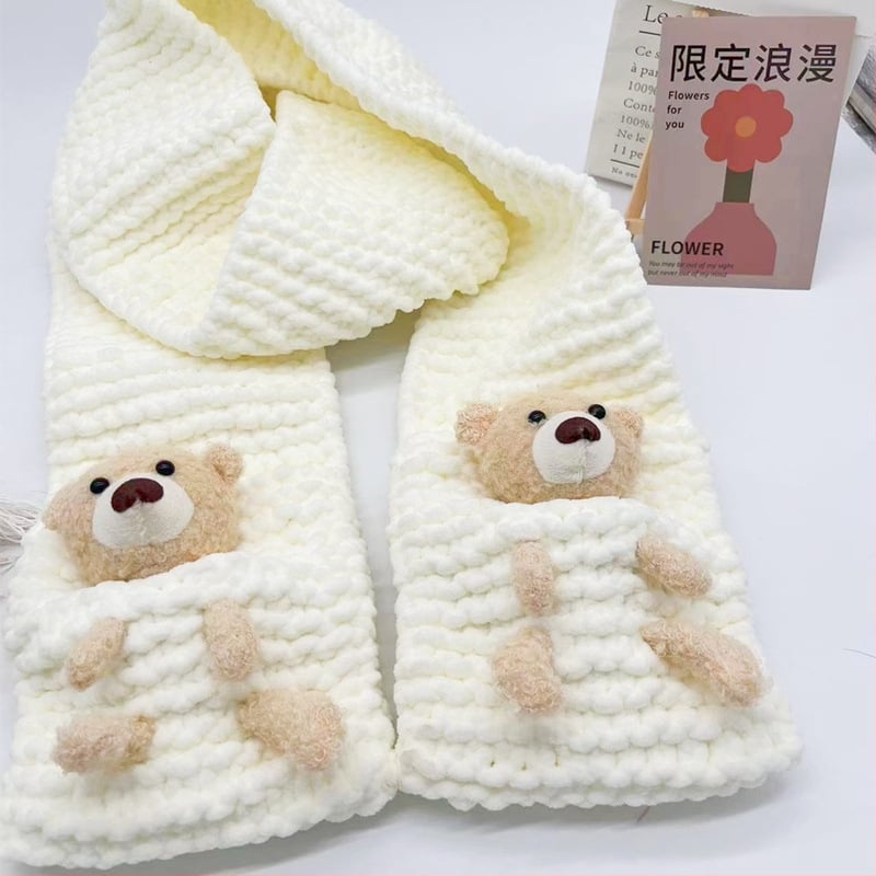 Kit DIY pentru fularul ursuleț cu buzunar – fular tricotat manual, fir poliester gros, Semi-Worsted, Haohan, origine Hebei