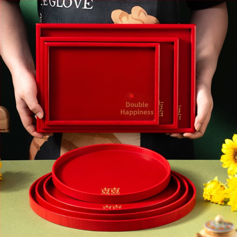 Дървен кръгъл поднос за чай с символа на щастието, едноцветен, пасторален стил, глянцирана повърхност