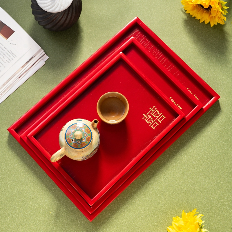 Дървен кръгъл поднос за чай с символа на щастието, едноцветен, пасторален стил, глянцирана повърхност