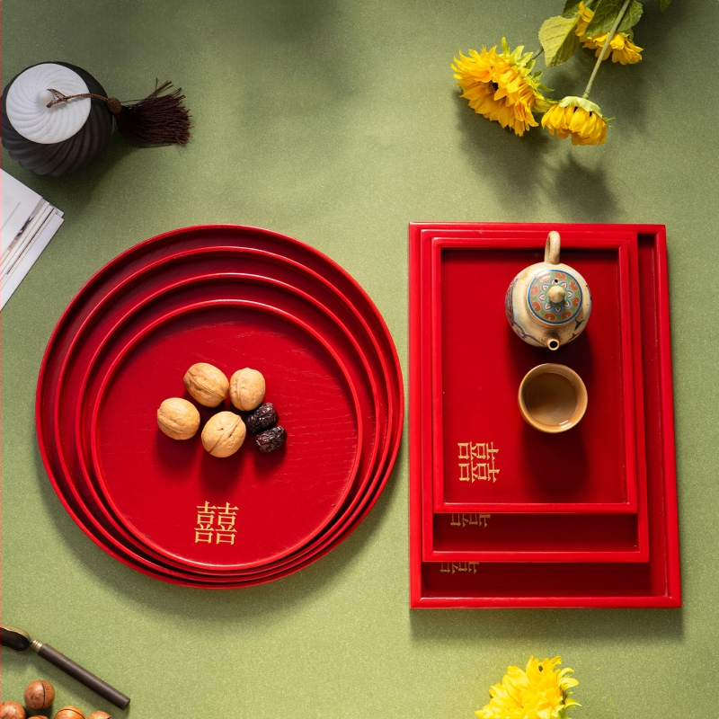 Дървен кръгъл поднос за чай с символа на щастието, едноцветен, пасторален стил, глянцирана повърхност