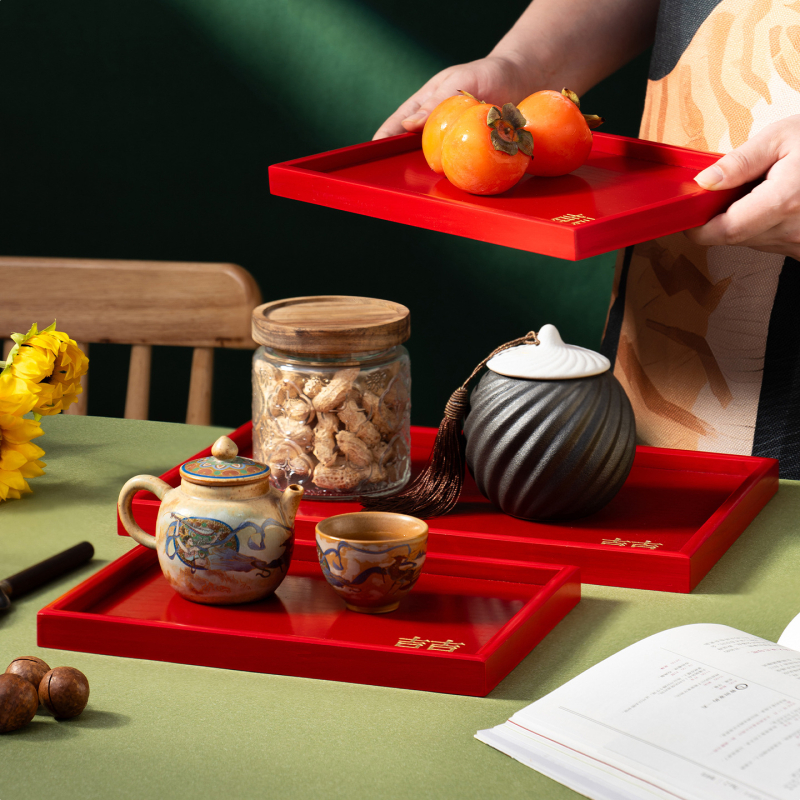 Дървен кръгъл поднос за чай с символа на щастието, едноцветен, пасторален стил, глянцирана повърхност