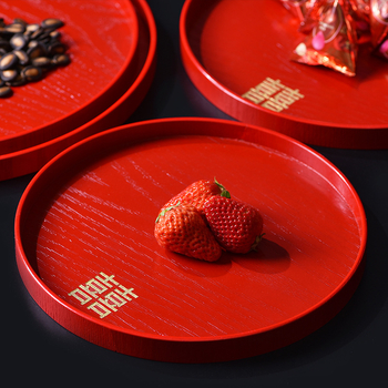 Дървена кръгла тава – повърхност с червен глазур, едноцветен дизайн, печатано лого, нов китайски стил