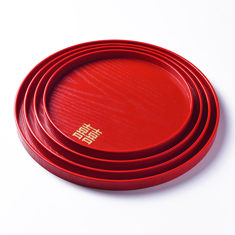 Дървена кръгла тава – повърхност с червен глазур, едноцветен дизайн, печатано лого, нов китайски стил
