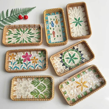 Vietnámi rattan héj gyümölcstál, kis téglalap alakú tál, egyszerű stílus, könnyed retro luxus