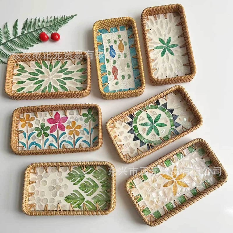 Vietnámi rattan héj gyümölcstál, kis téglalap alakú tál, egyszerű stílus, könnyed retro luxus