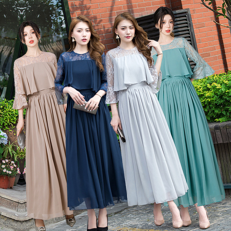 Duga večernja haljina, korejskog stila, haljina za banket za domaćicu, vitka silueta, visok pojas, poliester