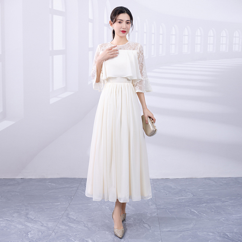 Duga večernja haljina, korejskog stila, haljina za banket za domaćicu, vitka silueta, visok pojas, poliester